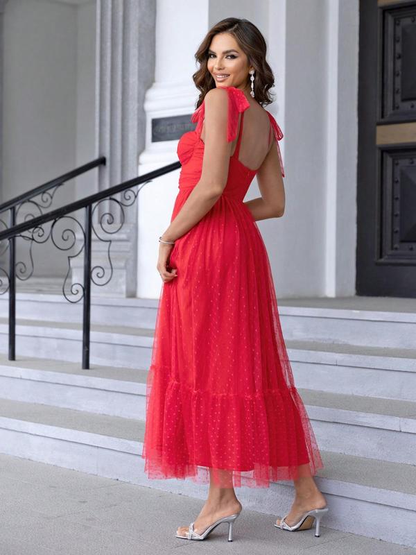 Women's Polka Dot Print Ruffle Hem Tie Shoulder Mesh A Line Vintage Formal Dress, Summer Clothes Women, Party Outfits, Elegant Chic Tie Shoulder Long Dress for Homecoming Birthday Party Prom Wedding Guest, Summer Outfits, Lady Summer Clothes, Fall Outfits