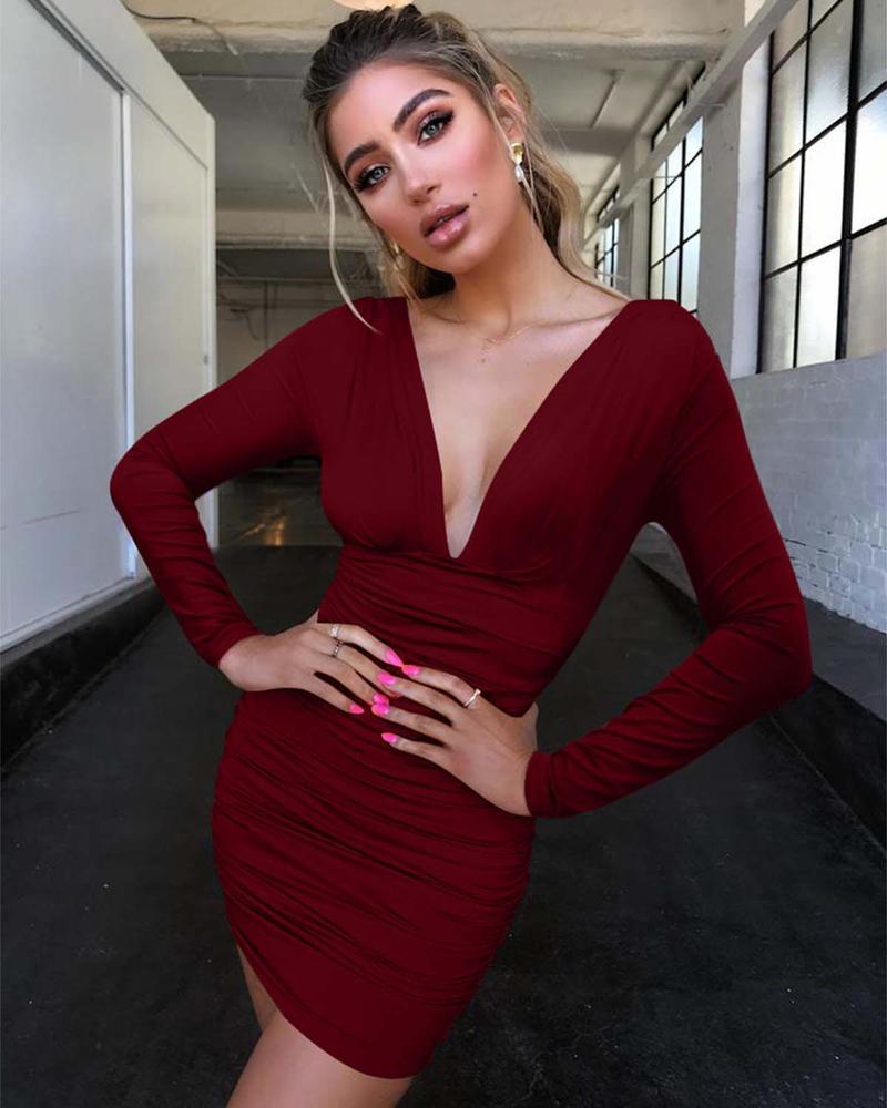 Women's Sexy Long Sleeve V Neck Ruched Bodycon Mini Party Cocktail Dress