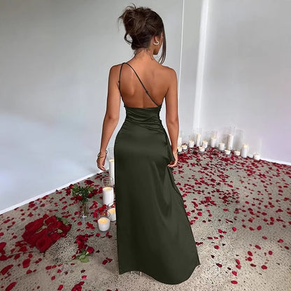 WOMEN'S sexy one shoulder satin high split cocktail fit wedding party maxi formal dress