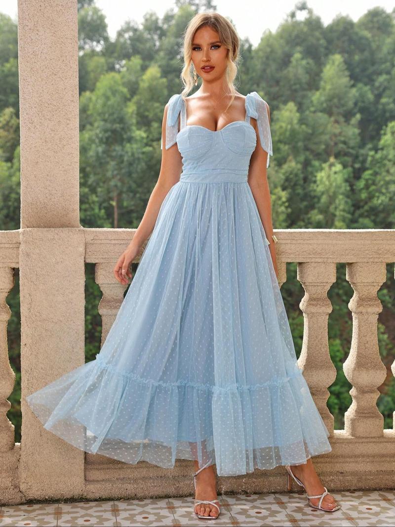 Women's Polka Dot Print Ruffle Hem Tie Shoulder Mesh A Line Vintage Formal Dress, Summer Clothes Women, Party Outfits, Elegant Chic Tie Shoulder Long Dress for Homecoming Birthday Party Prom Wedding Guest, Summer Outfits, Lady Summer Clothes, Fall Outfits