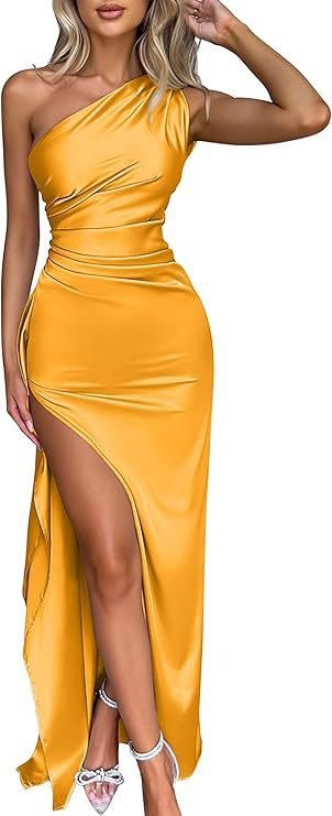 WOMEN'S sexy one shoulder satin high split cocktail fit wedding party maxi formal dress