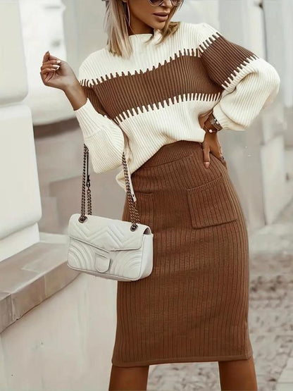 Two-piece Set Women's Colorblock Drop Shoulder Sweater & Pocket Bodycon Skirt Set, Casual Fashion Cozy Knitwear Set for Daily Outdoor Wear, Fall Sets, Women Knitwear for Spring Fall