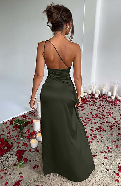 WOMEN'S sexy one shoulder satin high split cocktail fit wedding party maxi formal dress