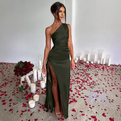 WOMEN'S sexy one shoulder satin high split cocktail fit wedding party maxi formal dress