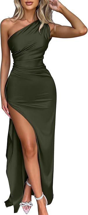 WOMEN'S sexy one shoulder satin high split cocktail fit wedding party maxi formal dress