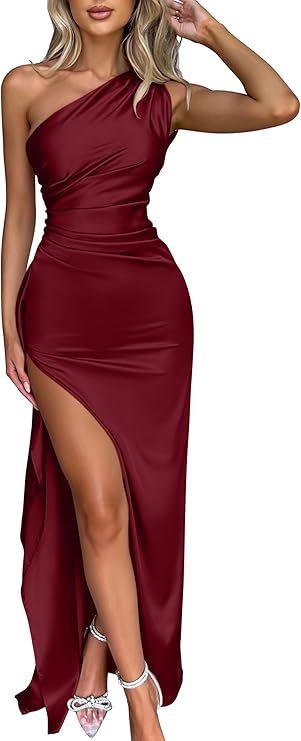 WOMEN'S sexy one shoulder satin high split cocktail fit wedding party maxi formal dress