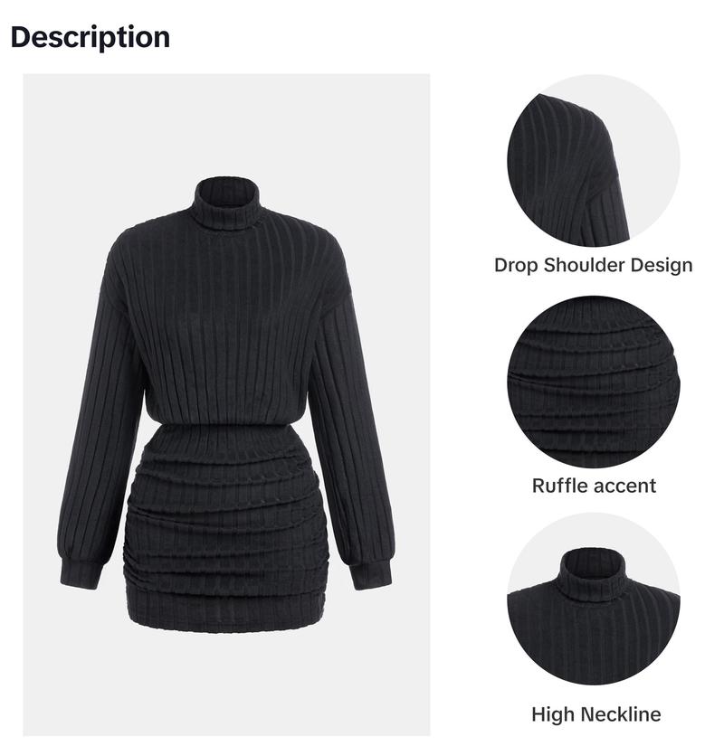 Plain Ruched Drop Shoulder Bodycon Dress/ Casual Long Sleeve High Neck Short Dress, 2024 Women's All Seasons Outfits for Daily Wear, Tiktok Shop Black Friday, Black Friday Haul