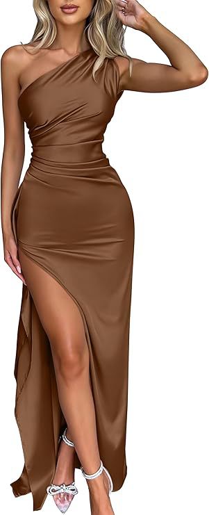 WOMEN'S sexy one shoulder satin high split cocktail fit wedding party maxi formal dress