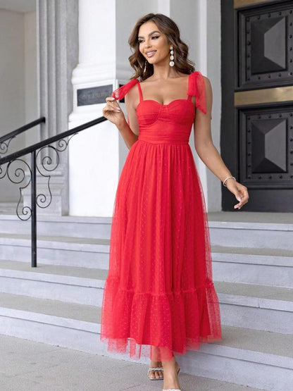 Women's Polka Dot Print Ruffle Hem Tie Shoulder Mesh A Line Vintage Formal Dress, Summer Clothes Women, Party Outfits, Elegant Chic Tie Shoulder Long Dress for Homecoming Birthday Party Prom Wedding Guest, Summer Outfits, Lady Summer Clothes, Fall Outfits