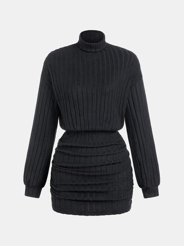 Plain Ruched Drop Shoulder Bodycon Dress/ Casual Long Sleeve High Neck Short Dress, 2024 Women's All Seasons Outfits for Daily Wear, Tiktok Shop Black Friday, Black Friday Haul