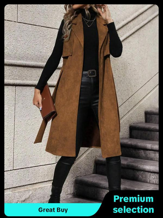 Women's Solid Lapel Belted Vest Coat, Coats for Women, Casual Fashion Longline Outerwear for Daily Outdoor Wear, Women's Clothing for Fall & Winter, Going Out Outfits